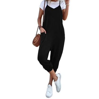 Plus Size Casual Summer Women Loose Sleeveless Strap Wide Leg Jumpsuit with Pockets