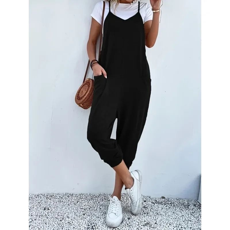 Plus Size Casual Summer Women Loose Sleeveless Strap Wide Leg Jumpsuit with Pockets