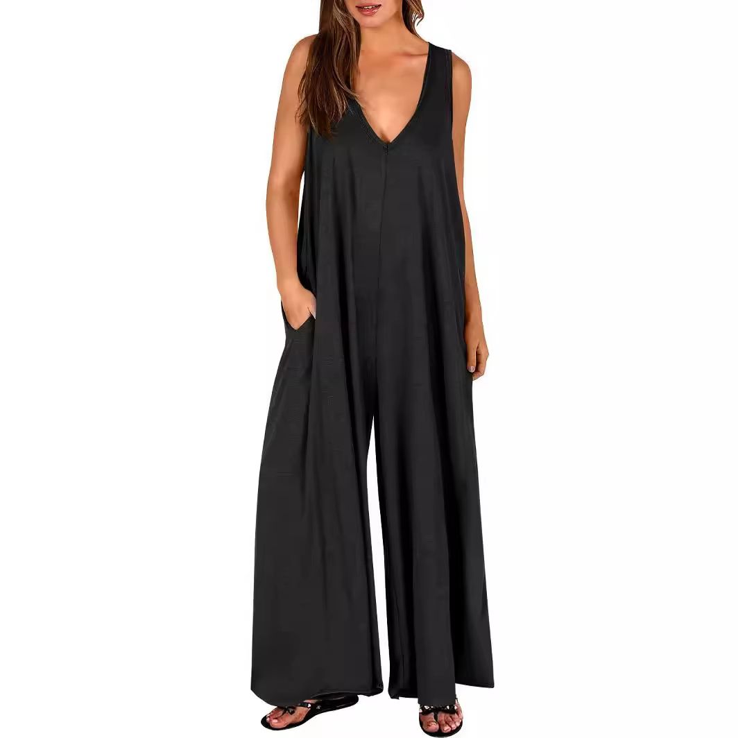 Summer V Neck Wide Leg Jumpsuit – Loose Backless Sleeveless Overalls with Pockets