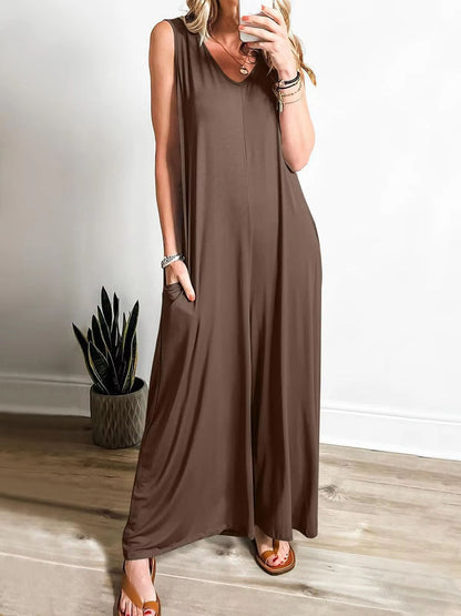 Summer V Neck Wide Leg Jumpsuit – Loose Backless Sleeveless Overalls with Pockets