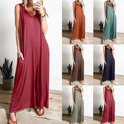 Summer V Neck Wide Leg Jumpsuit – Loose Backless Sleeveless Overalls with Pockets