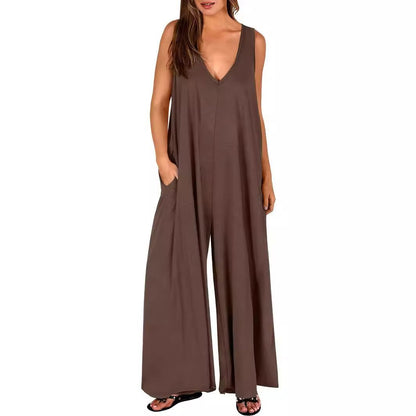 Summer V Neck Wide Leg Jumpsuit – Loose Backless Sleeveless Overalls with Pockets