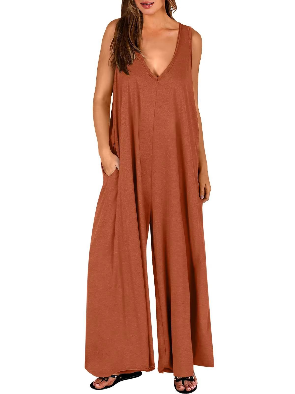 Summer V Neck Wide Leg Jumpsuit – Loose Backless Sleeveless Overalls with Pockets