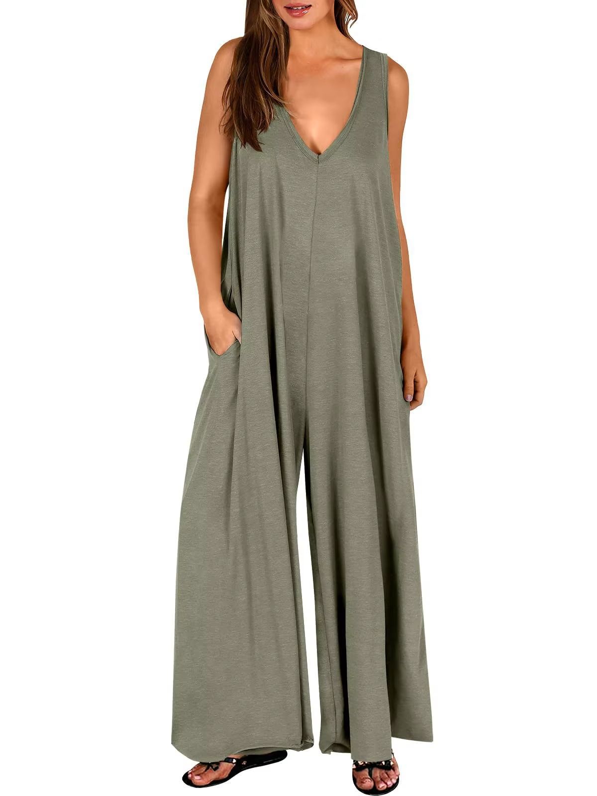 Summer V Neck Wide Leg Jumpsuit – Loose Backless Sleeveless Overalls with Pockets
