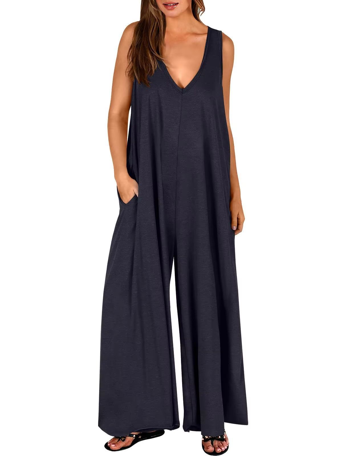 Summer V Neck Wide Leg Jumpsuit – Loose Backless Sleeveless Overalls with Pockets