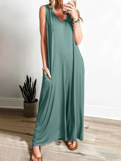 Summer V Neck Wide Leg Jumpsuit – Loose Backless Sleeveless Overalls with Pockets