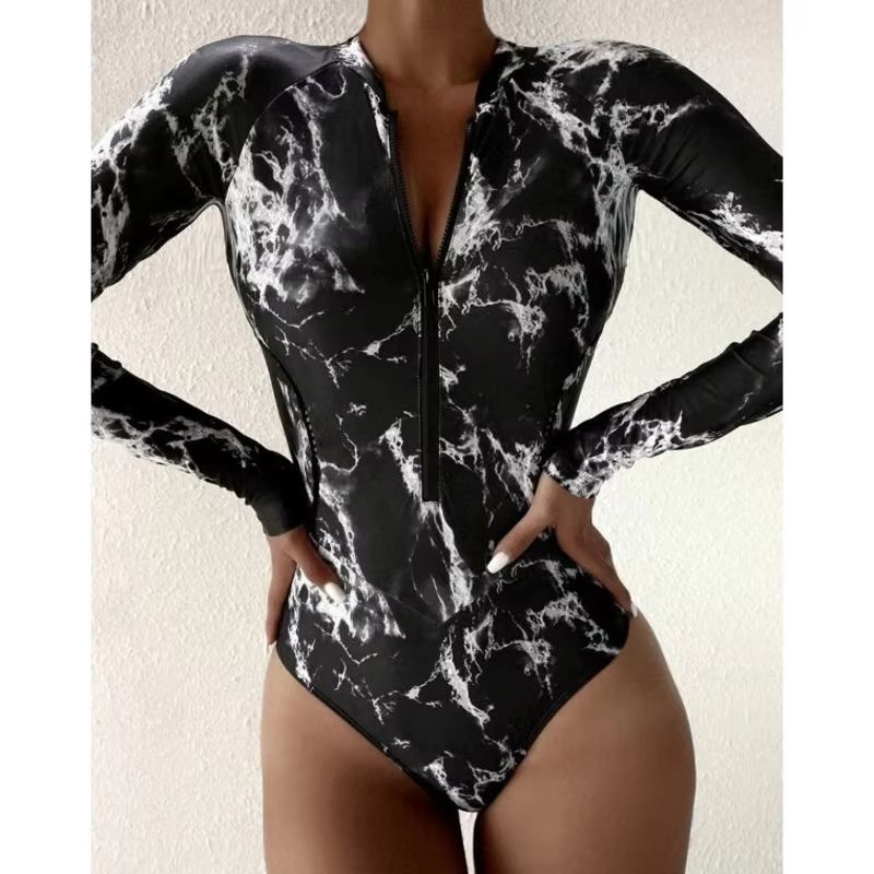 Women's Long Sleeve Zipper One-Piece Swimsuit – Summer Print Surf & Swimwear for Beach and Water Sports