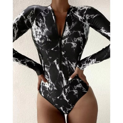 Women's Long Sleeve Zipper One-Piece Swimsuit – Summer Print Surf & Swimwear for Beach and Water Sports