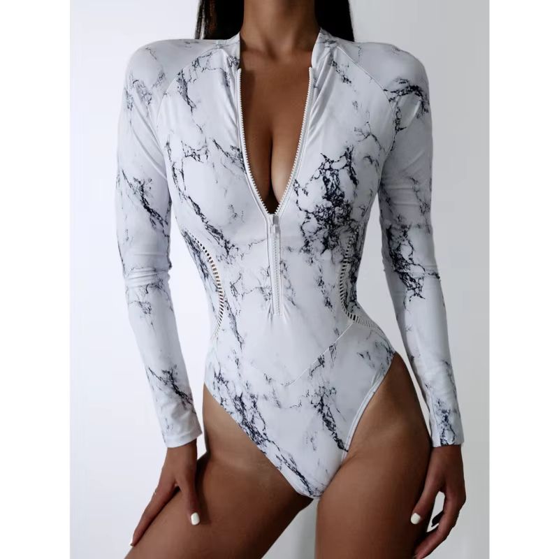 Women's Long Sleeve Zipper One-Piece Swimsuit – Summer Print Surf & Swimwear for Beach and Water Sports