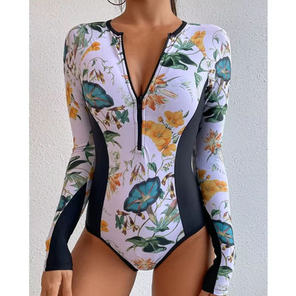 Women's Long Sleeve Zipper One-Piece Swimsuit – Summer Print Surf & Swimwear for Beach and Water Sports