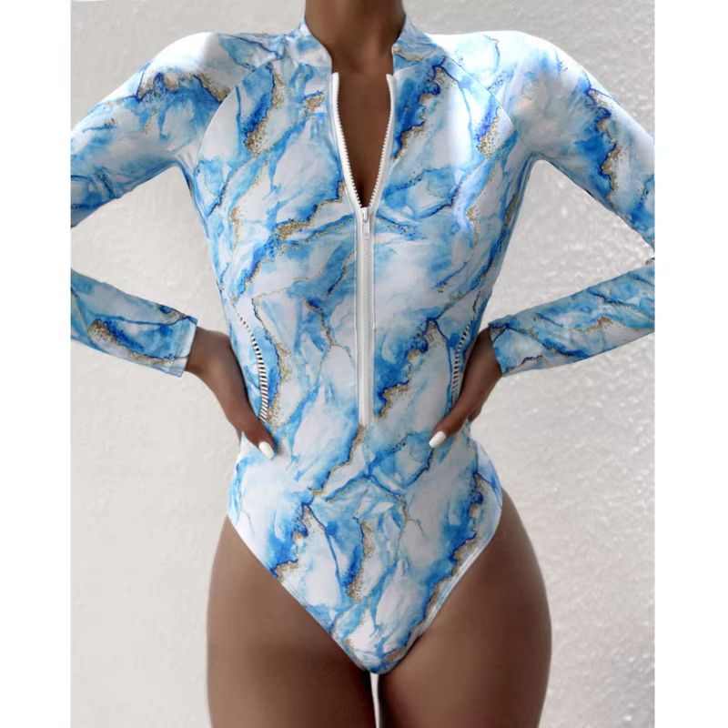 Women's Long Sleeve Zipper One-Piece Swimsuit – Summer Print Surf & Swimwear for Beach and Water Sports