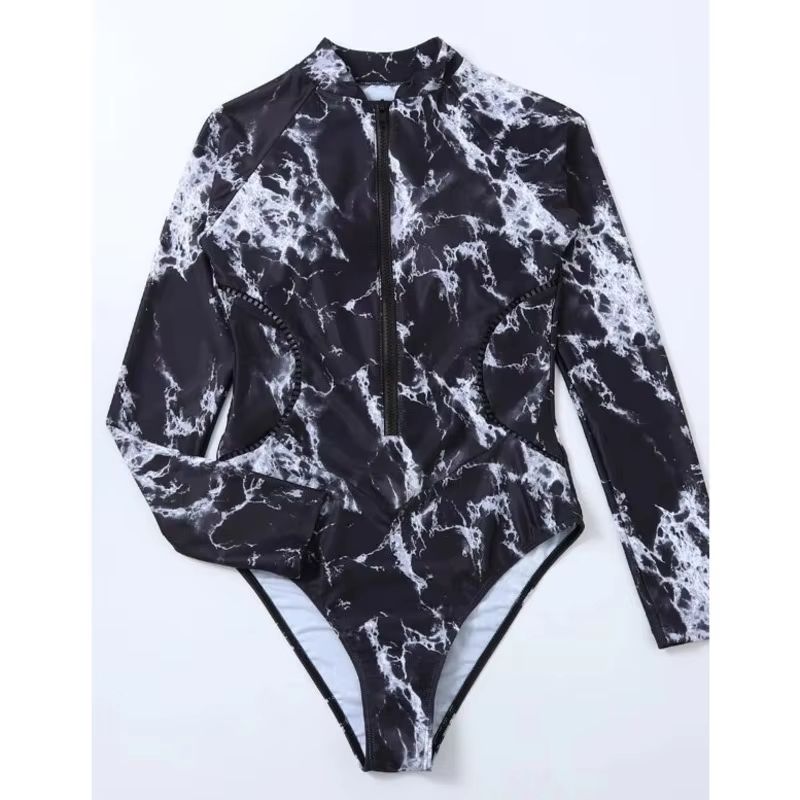 Women's Long Sleeve Zipper One-Piece Swimsuit – Summer Print Surf & Swimwear for Beach and Water Sports