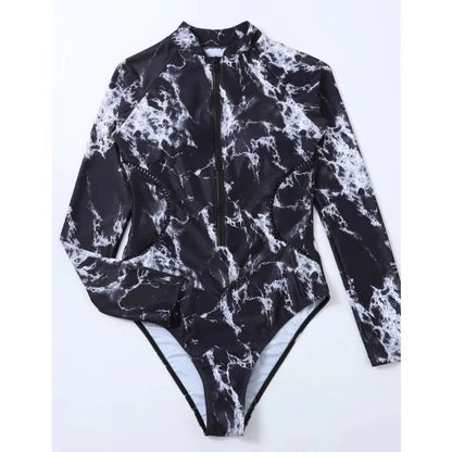 Women's Long Sleeve Zipper One-Piece Swimsuit – Summer Print Surf & Swimwear for Beach and Water Sports