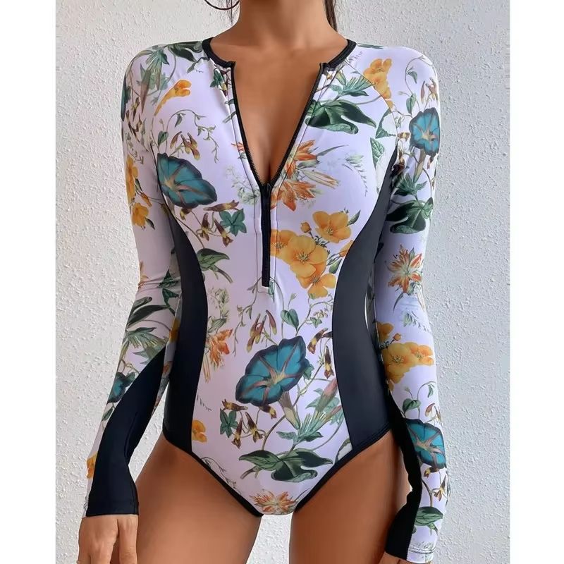 Women's Long Sleeve Zipper One-Piece Swimsuit – Summer Print Surf & Swimwear for Beach and Water Sports