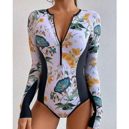 Women's Long Sleeve Zipper One-Piece Swimsuit – Summer Print Surf & Swimwear for Beach and Water Sports