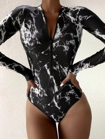 Women's Long Sleeve Zipper One-Piece Swimsuit – Summer Print Surf & Swimwear for Beach and Water Sports