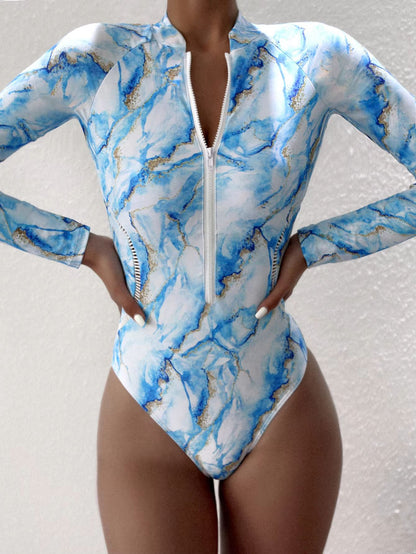 Women's Long Sleeve Zipper One-Piece Swimsuit – Summer Print Surf & Swimwear for Beach and Water Sports