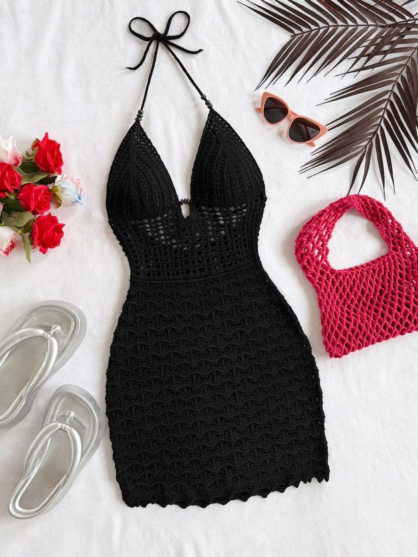 Soleia Summer V-Neck Backless Knitted Dress – Ombre Spaghetti Strap Vacation Dress with Wooden Bead Detail