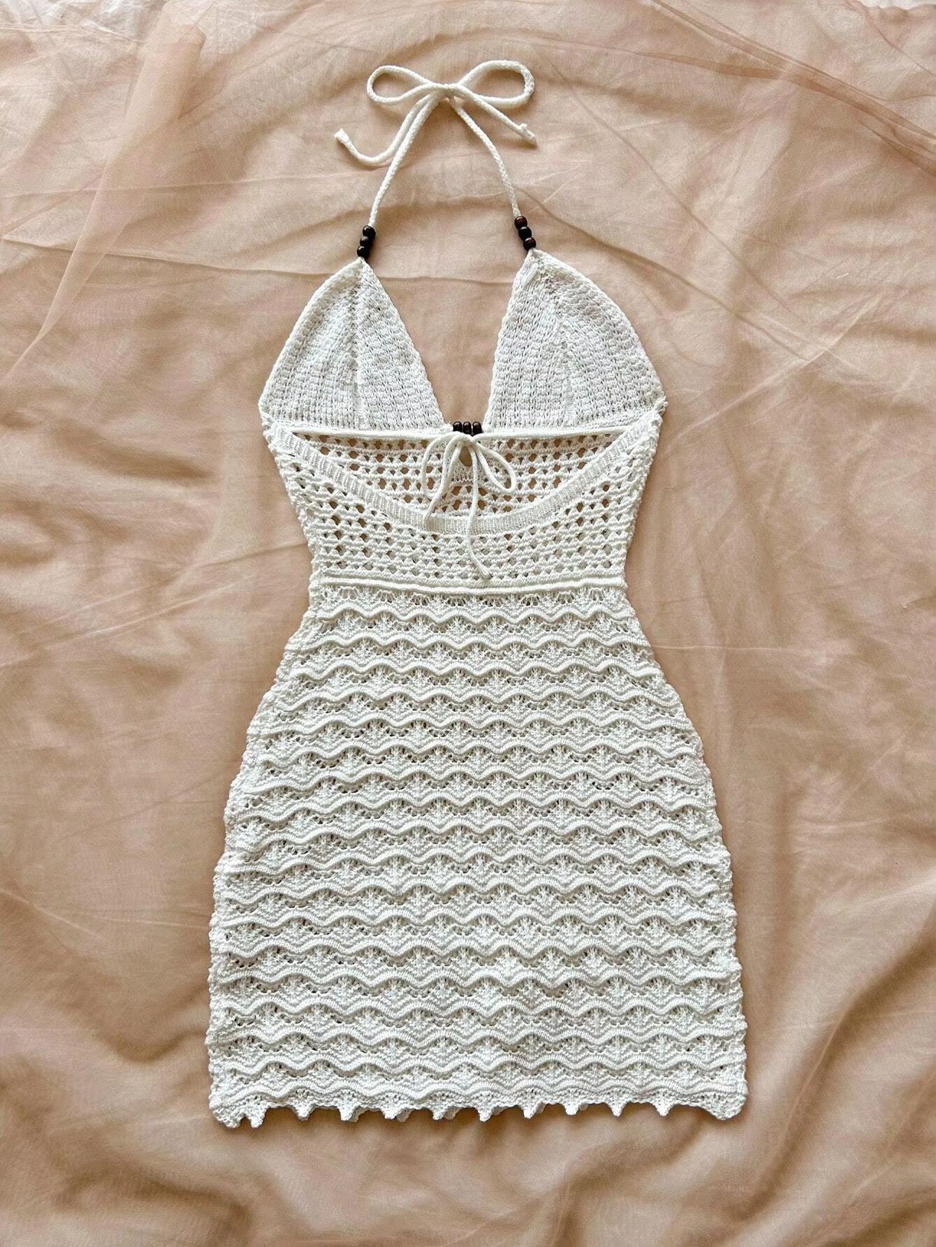 Soleia Summer V-Neck Backless Knitted Dress – Ombre Spaghetti Strap Vacation Dress with Wooden Bead Detail
