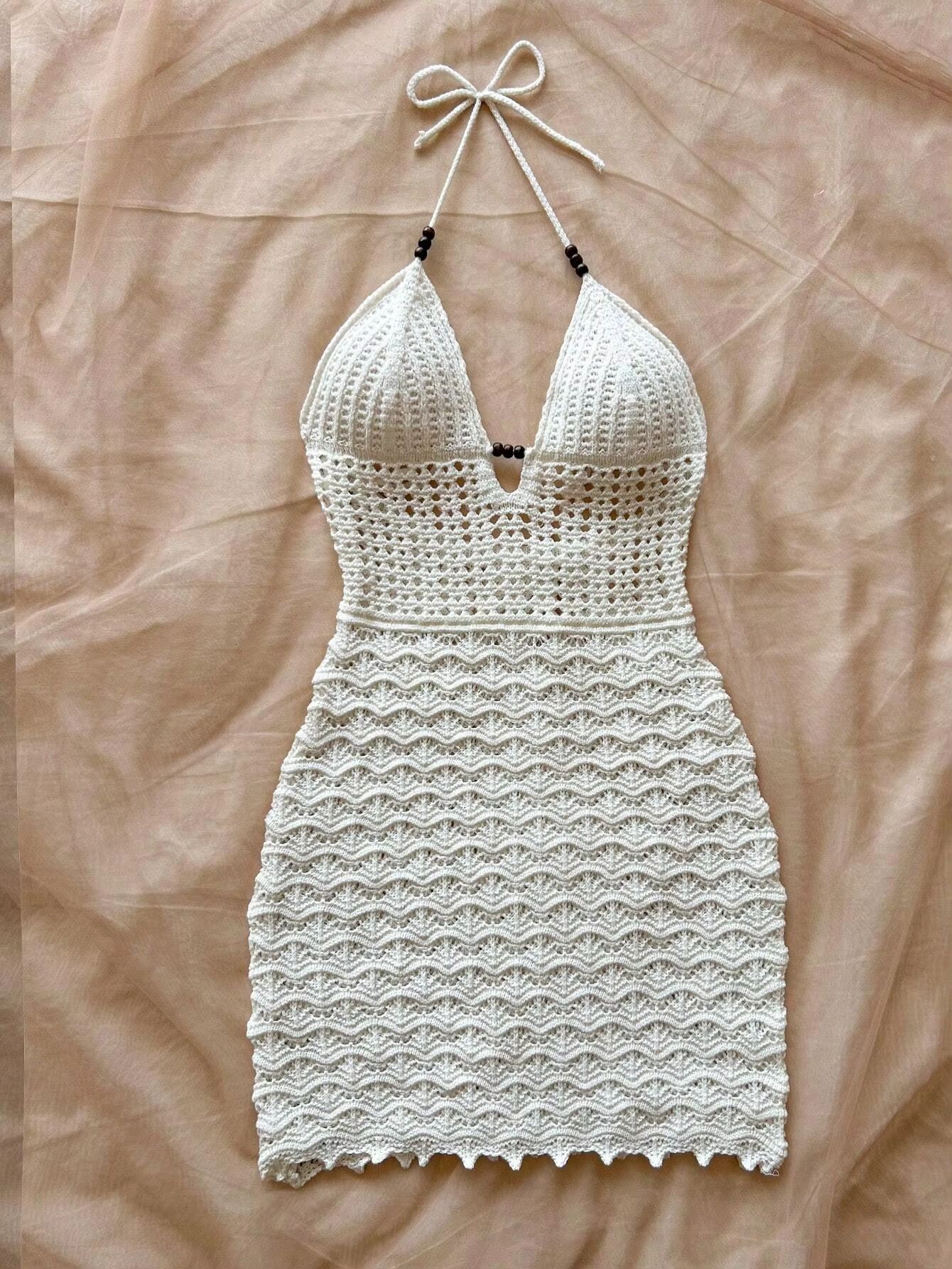 Soleia Summer V-Neck Backless Knitted Dress – Ombre Spaghetti Strap Vacation Dress with Wooden Bead Detail