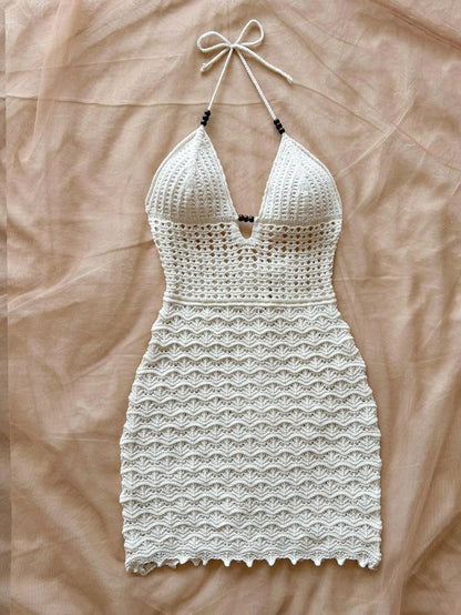 Soleia Summer V-Neck Backless Knitted Dress – Ombre Spaghetti Strap Vacation Dress with Wooden Bead Detail