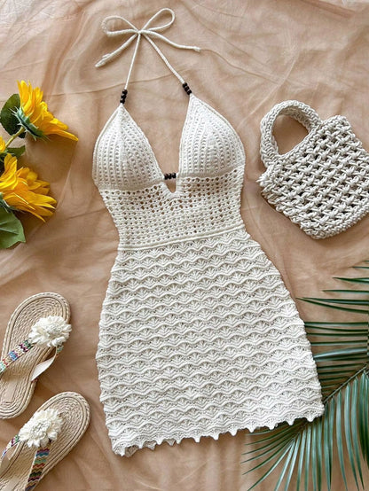 Soleia Summer V-Neck Backless Knitted Dress – Ombre Spaghetti Strap Vacation Dress with Wooden Bead Detail