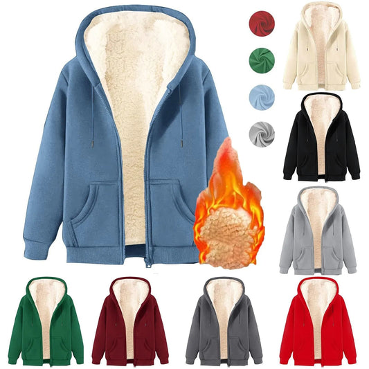 Womens Solid Color Thick Fleece Zip Up Hoodie with Pockets