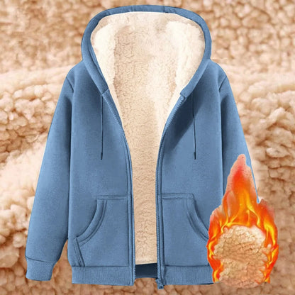 Womens Solid Color Thick Fleece Zip Up Hoodie with Pockets