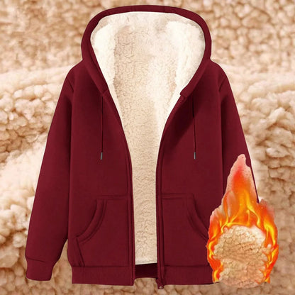 Womens Solid Color Thick Fleece Zip Up Hoodie with Pockets