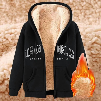 Womens Solid Color Thick Fleece Zip Up Hoodie with Pockets