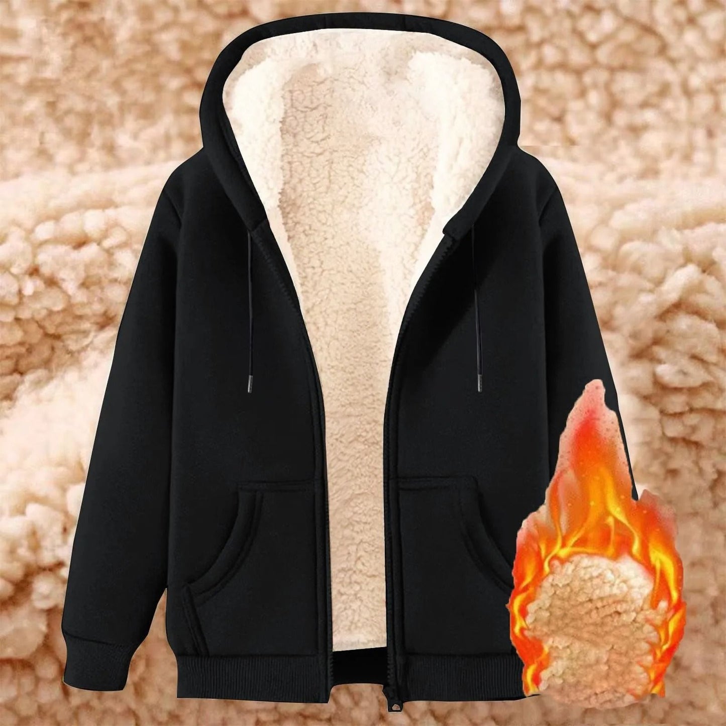 Womens Solid Color Thick Fleece Zip Up Hoodie with Pockets