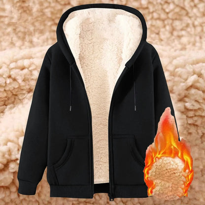 Womens Solid Color Thick Fleece Zip Up Hoodie with Pockets