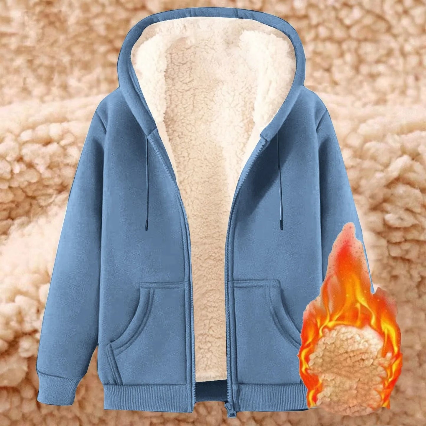 Womens Solid Color Thick Fleece Zip Up Hoodie with Pockets