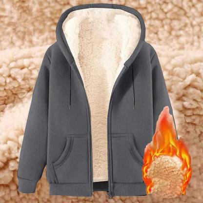 Womens Solid Color Thick Fleece Zip Up Hoodie with Pockets