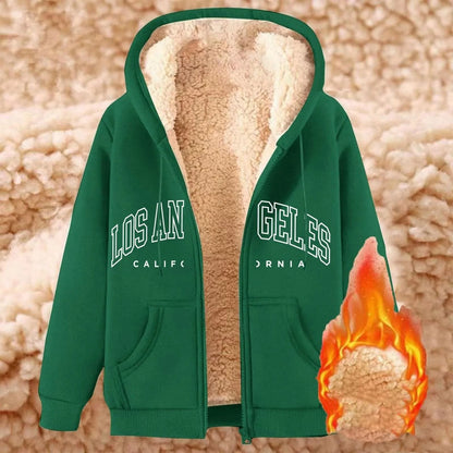 Womens Solid Color Thick Fleece Zip Up Hoodie with Pockets