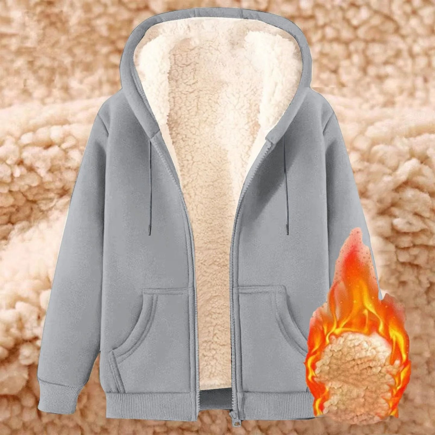 Womens Solid Color Thick Fleece Zip Up Hoodie with Pockets