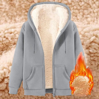 Womens Solid Color Thick Fleece Zip Up Hoodie with Pockets