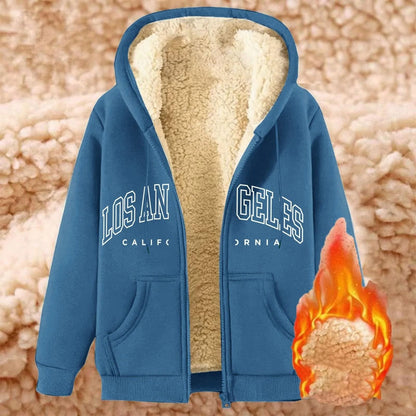 Womens Solid Color Thick Fleece Zip Up Hoodie with Pockets