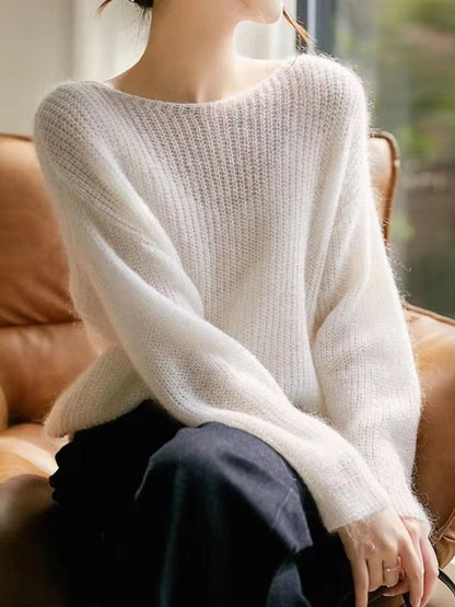 Elegant See-Through Loose Knit Sweater – Soft Warm Autumn Winter Cashmere Pullover for Women