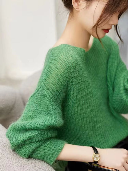 Elegant See-Through Loose Knit Sweater – Soft Warm Autumn Winter Cashmere Pullover for Women