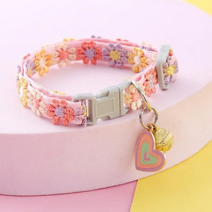 Rainbow Flower Cat Collar with Bell Adjustable Lace Necklace for Kittens and Small Dogs