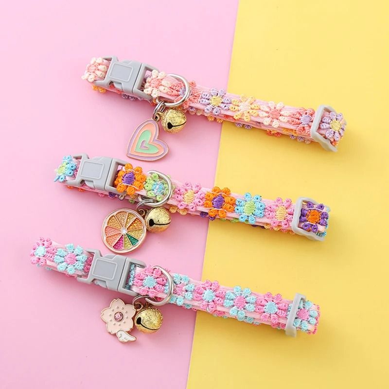 Rainbow Flower Cat Collar with Bell Adjustable Lace Necklace for Kittens and Small Dogs