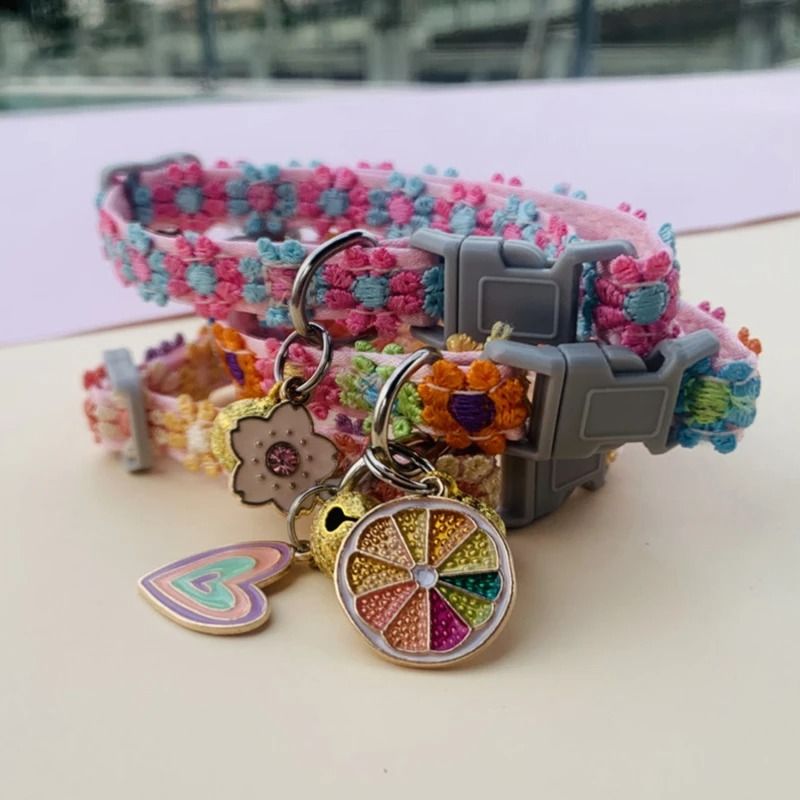 Rainbow Flower Cat Collar with Bell Adjustable Lace Necklace for Kittens and Small Dogs