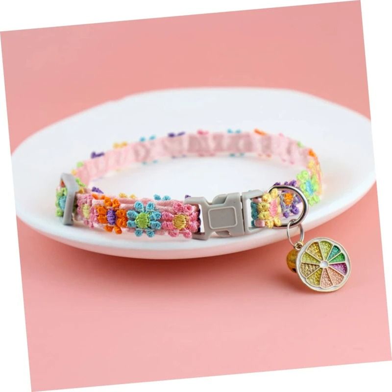 Rainbow Flower Cat Collar with Bell Adjustable Lace Necklace for Kittens and Small Dogs