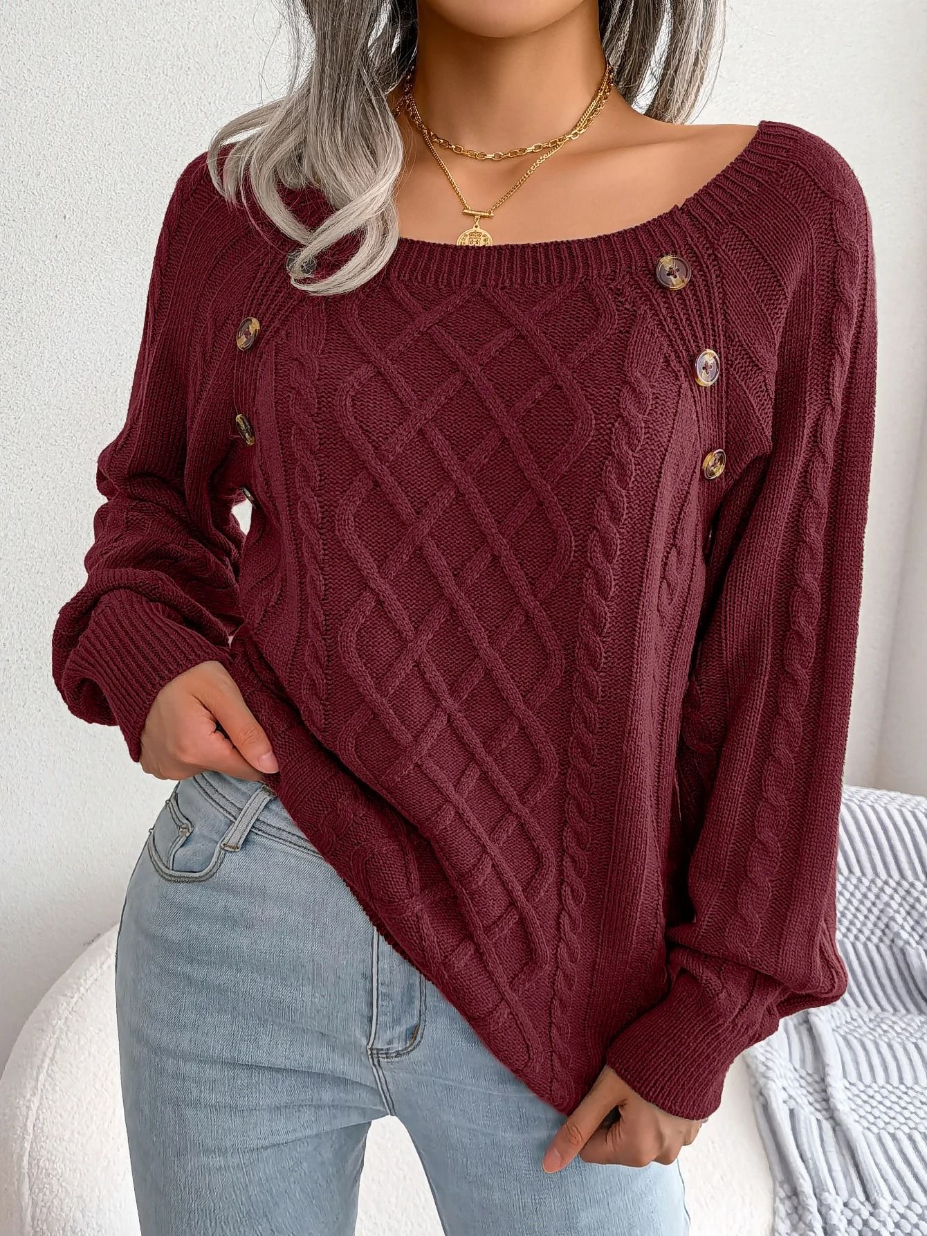 Womens Square Neck Button Front Knitted Sweater Long Sleeve Pullover