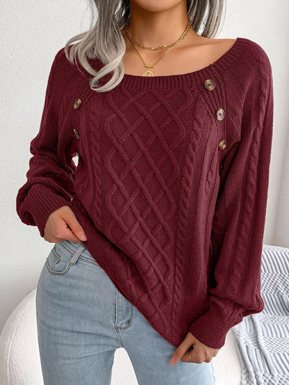 Womens Square Neck Button Front Knitted Sweater Long Sleeve Pullover