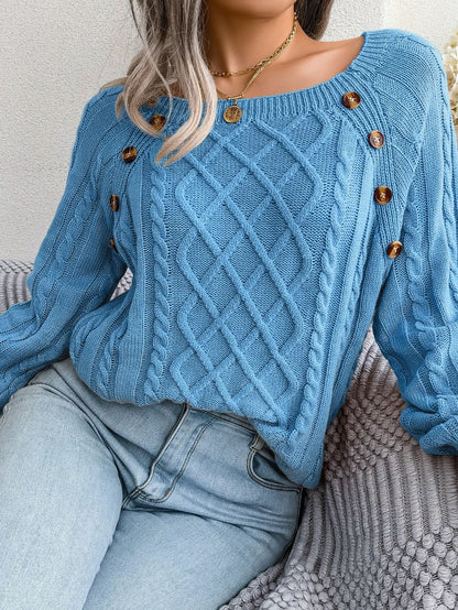 Womens Square Neck Button Front Knitted Sweater Long Sleeve Pullover