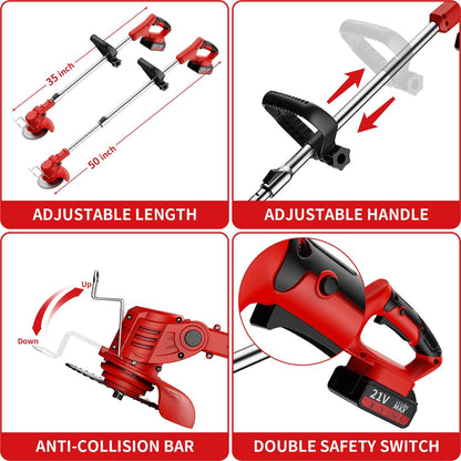 Cordless Lawn Trimmer, Weed Wacker Lawn Mower Grass Edger, 2 Li-Ion Batteries Powered with 3 Blade Types