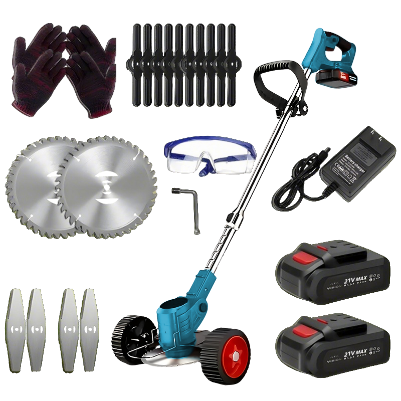 Cordless Lawn Trimmer, Weed Wacker Lawn Mower Grass Edger, 2 Li-Ion Batteries Powered with 3 Blade Types