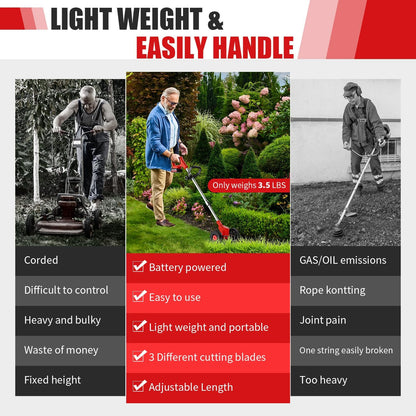 Cordless Lawn Trimmer, Weed Wacker Lawn Mower Grass Edger, 2 Li-Ion Batteries Powered with 3 Blade Types